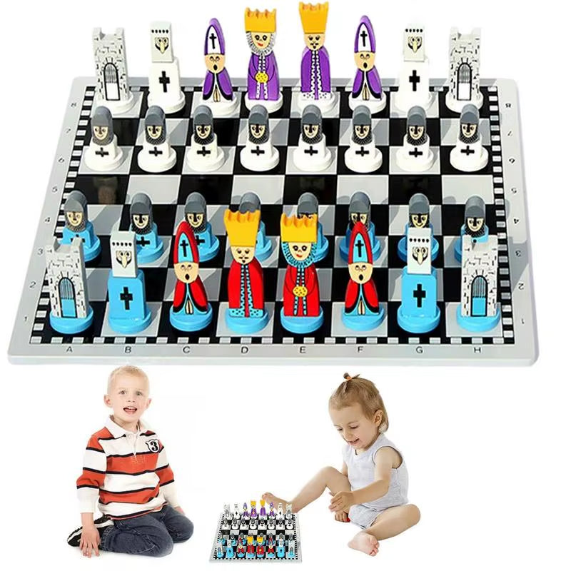 Wooden Chess Set Cartoon Wooden Doll Chess Set Kids Adults Travel Portable Chess Game Sets Early Educational Board Games