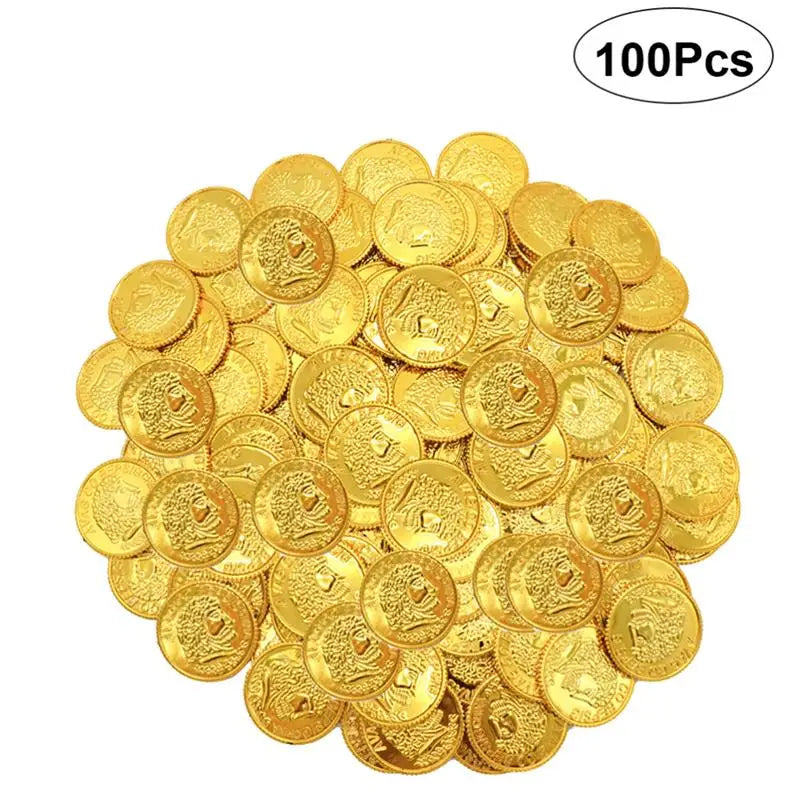 100Pcs Pirates Gold Coins Plastic Gold Coins Props Game Accessary Funny Playing Toys for Kids Children (Golden)