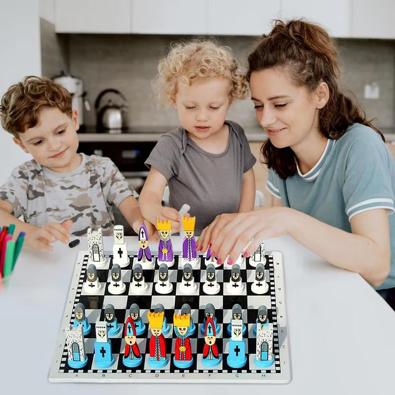 Wooden Chess Set Cartoon Wooden Doll Chess Set Kids Adults Travel Portable Chess Game Sets Early Educational Board Games