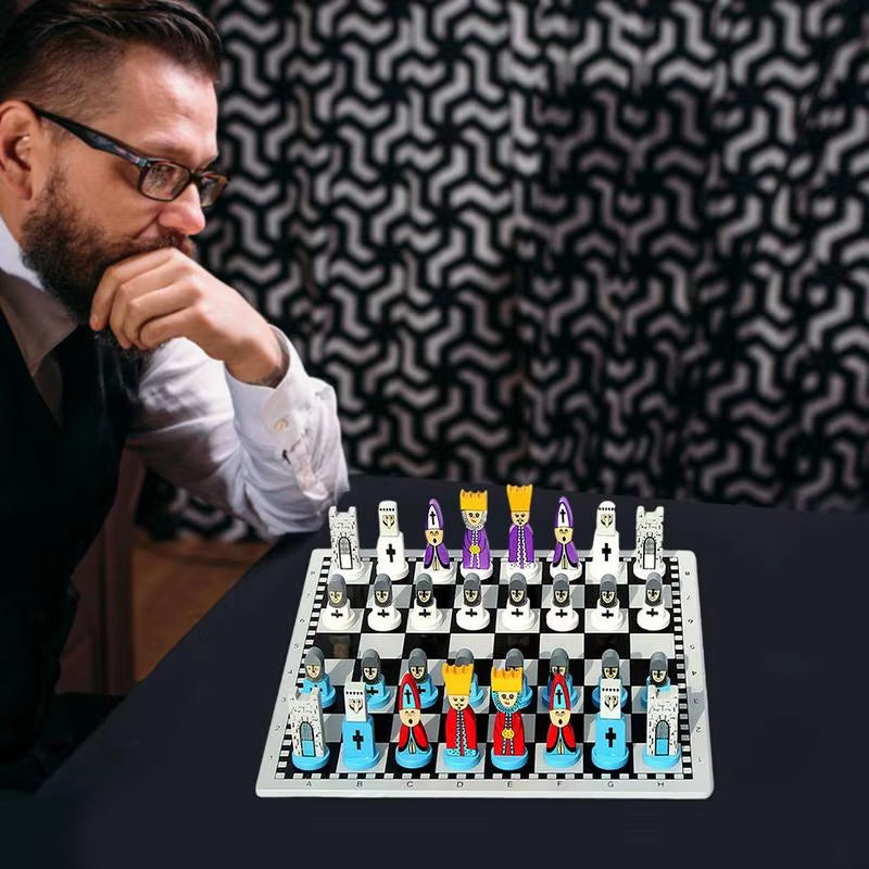 Wooden Chess Set Cartoon Wooden Doll Chess Set Kids Adults Travel Portable Chess Game Sets Early Educational Board Games