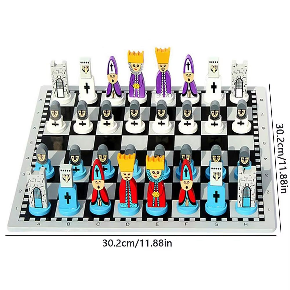 Wooden Chess Set Cartoon Wooden Doll Chess Set Kids Adults Travel Portable Chess Game Sets Early Educational Board Games