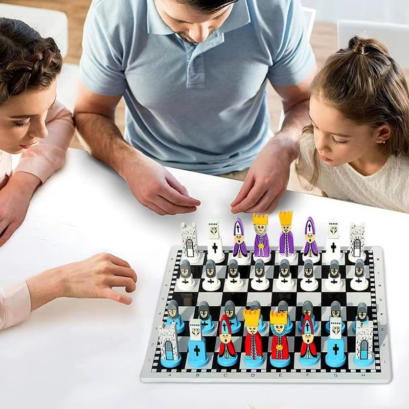 Wooden Chess Set Cartoon Wooden Doll Chess Set Kids Adults Travel Portable Chess Game Sets Early Educational Board Games